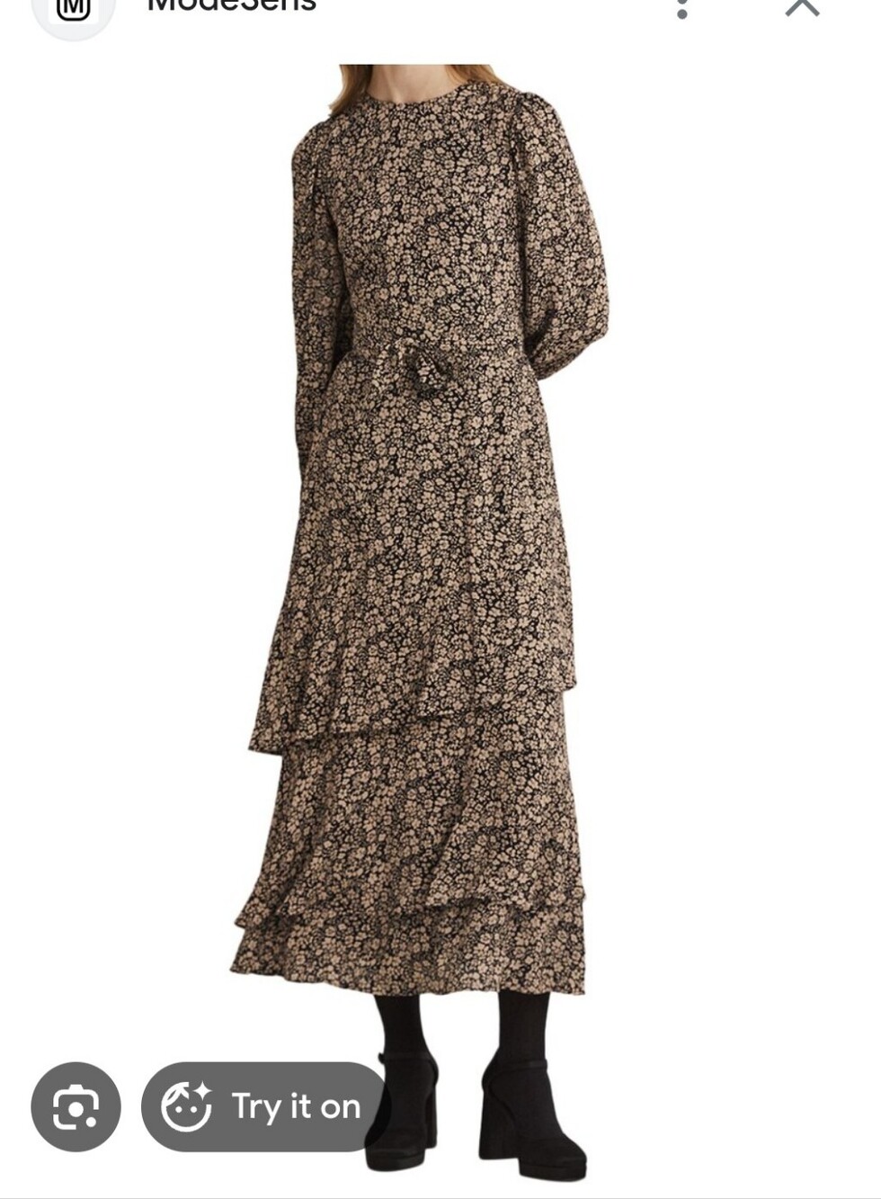 Boden Floral Tiered Ruffle Midi Belted Dress in Black and Beige Size 6